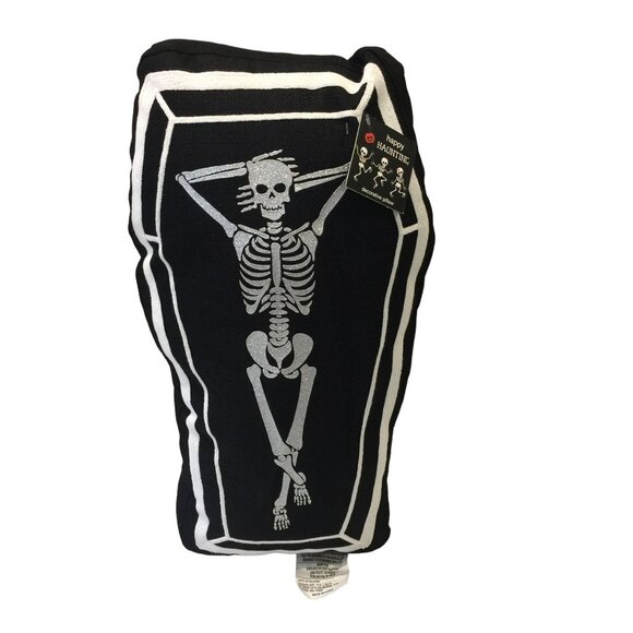 Happy Haunting Relaxing Skeleton in Black Coffin Accent Pillow Halloween 17" x 9 - Picture 1 of 4